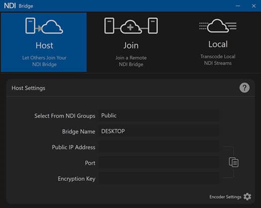 NDI Bridge configuration screen