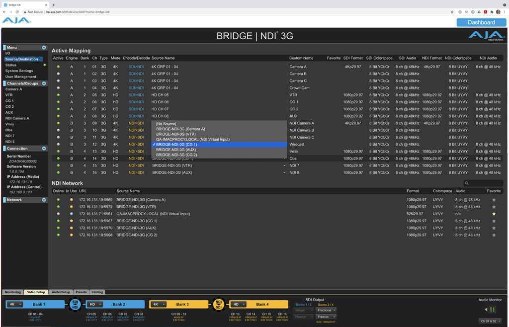 AJA Bridge NDI 3G operation and admin GUI