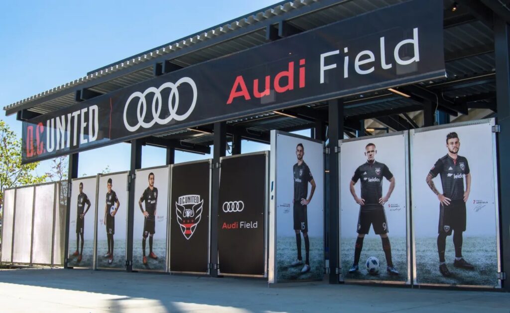 DC United player posters at Audi Field entrance