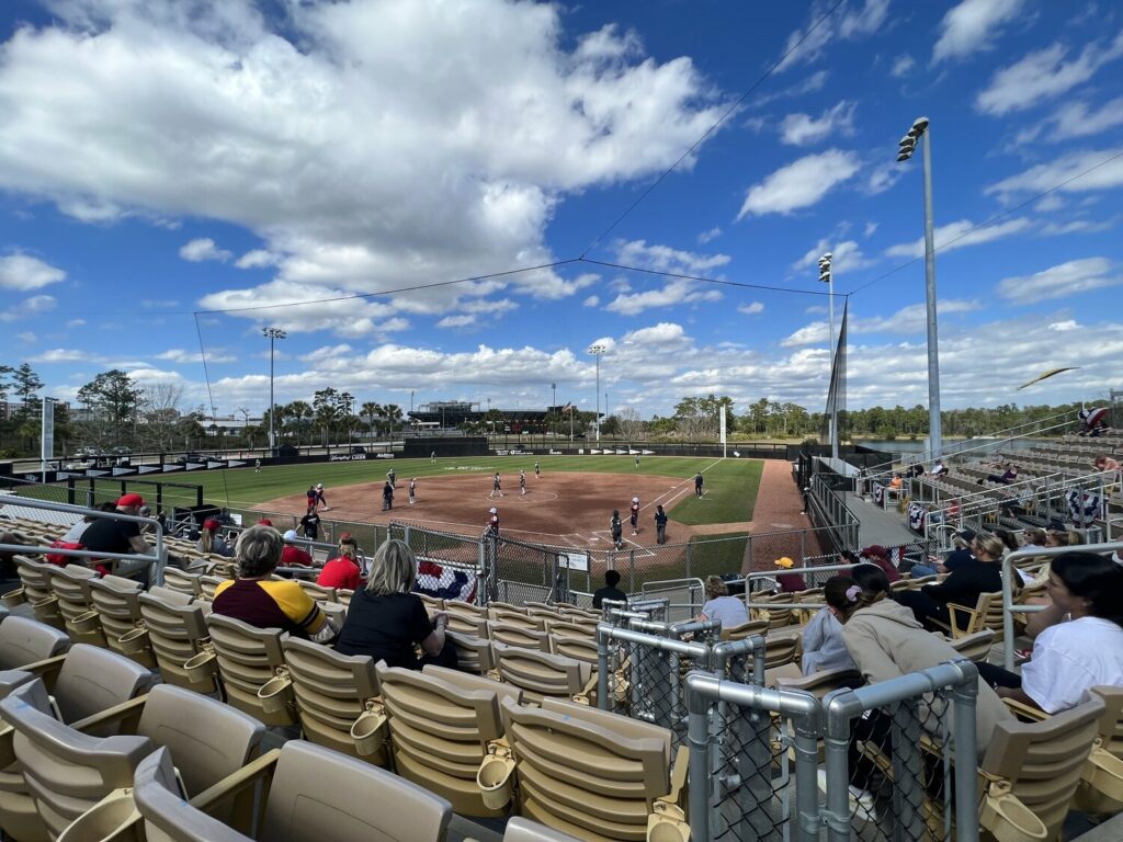 Seating stands overlooking women's softball field at the UCF Softball Complex