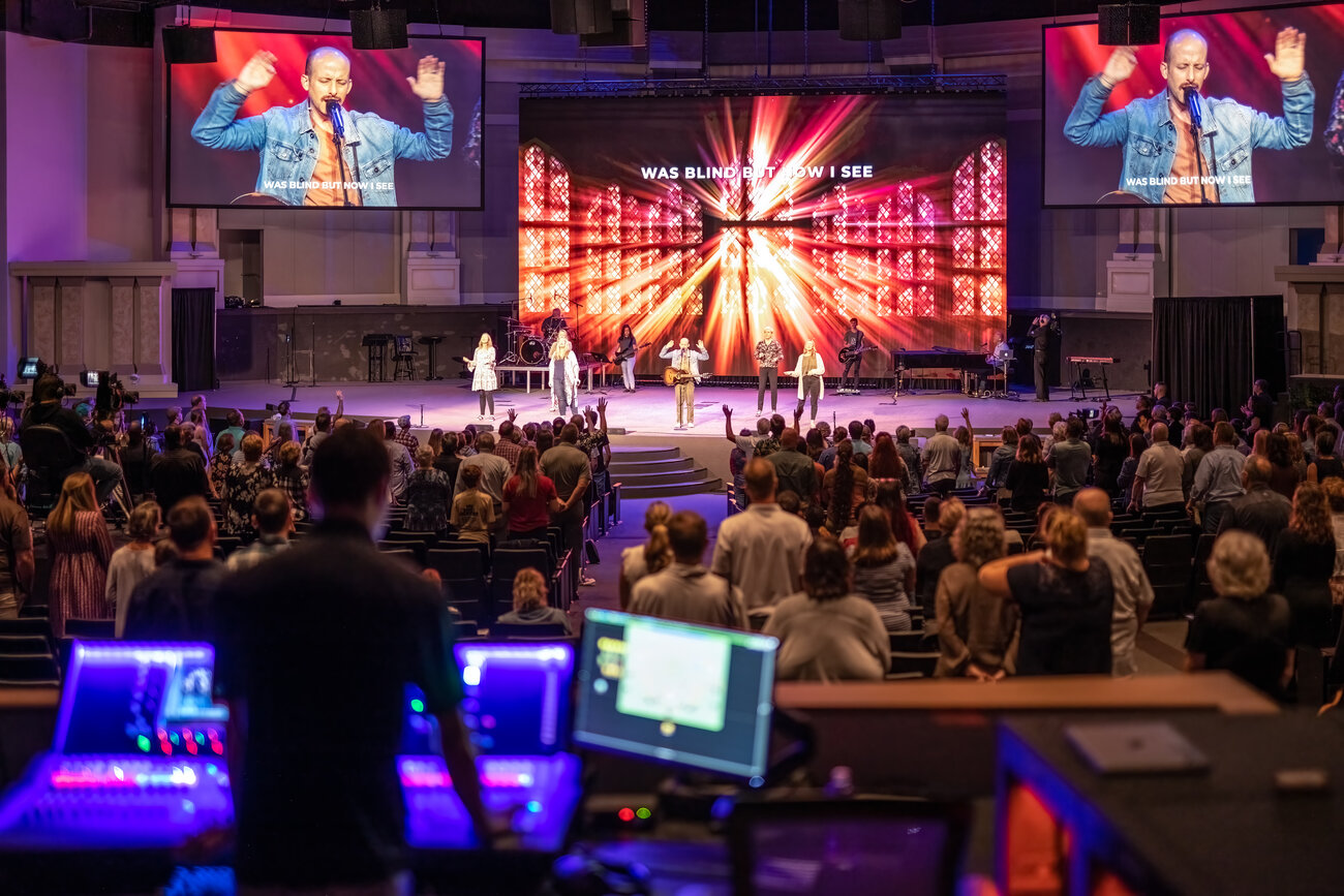 Allen and Heath console operator during service at Calvary Church Clearwater