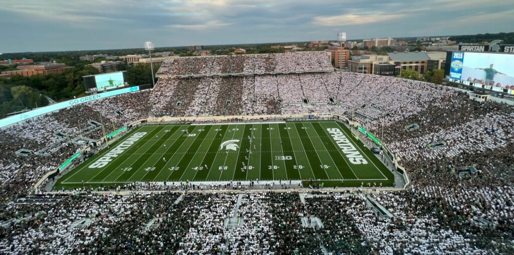 Wide view of Spartan Stadium during a football game