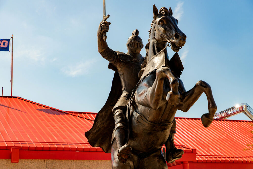 Scarlet Knight statue outside of Rutgers SHI Stadium