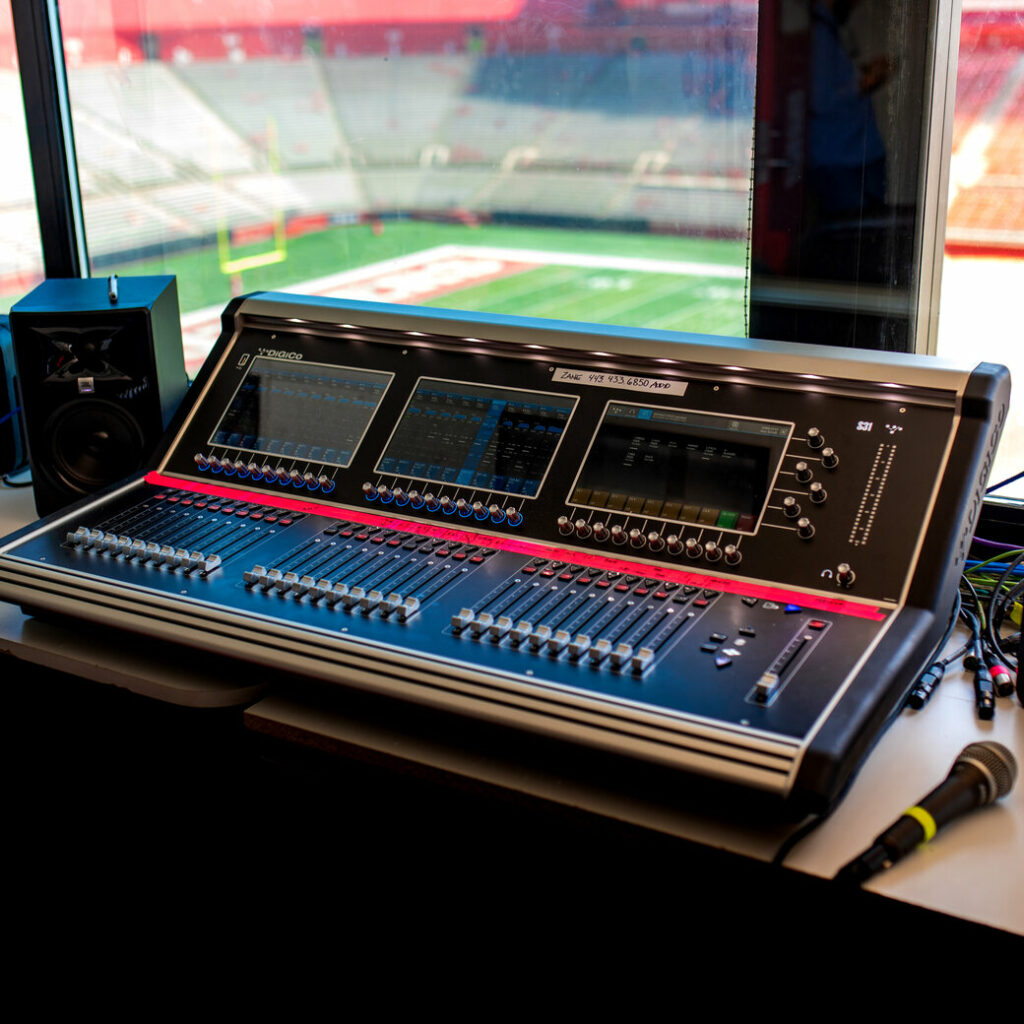 Digico digital mixing console in the announcers box at Rutgers SHI Stadium