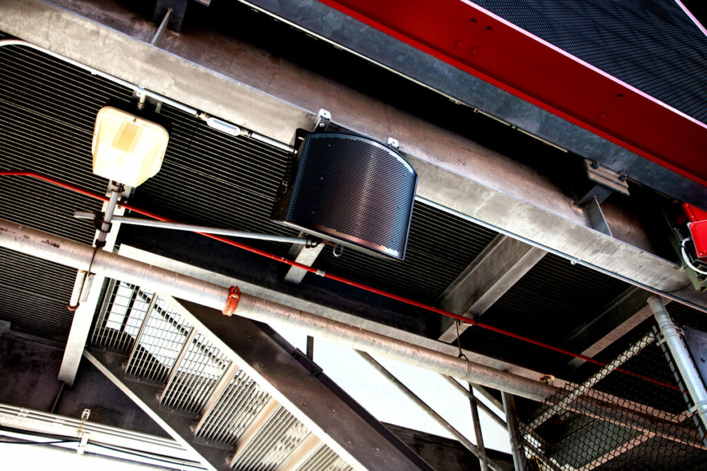 Fulcrum loudspeaker installed under the south end scoreboard at Rutgers SHI Stadium