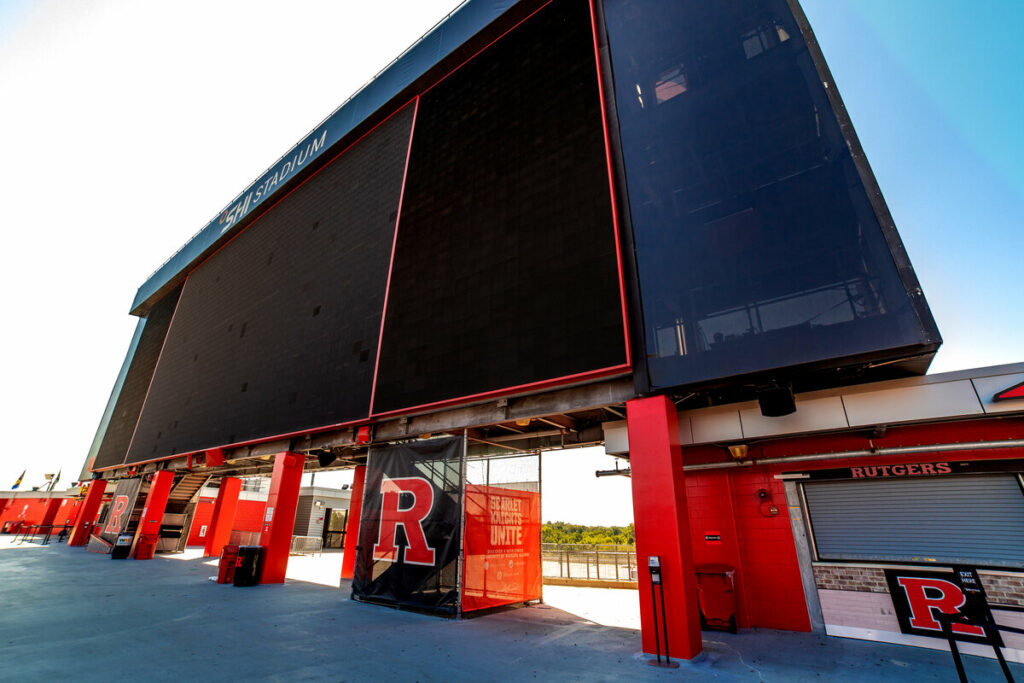 Wide angle view of the south-end scoreboard at Rutgers SHI Stadium