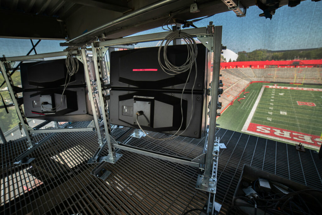 Fulcrum Acoustic loudspeaker arrays within the scoreboard at Rutgers SHI Stadium