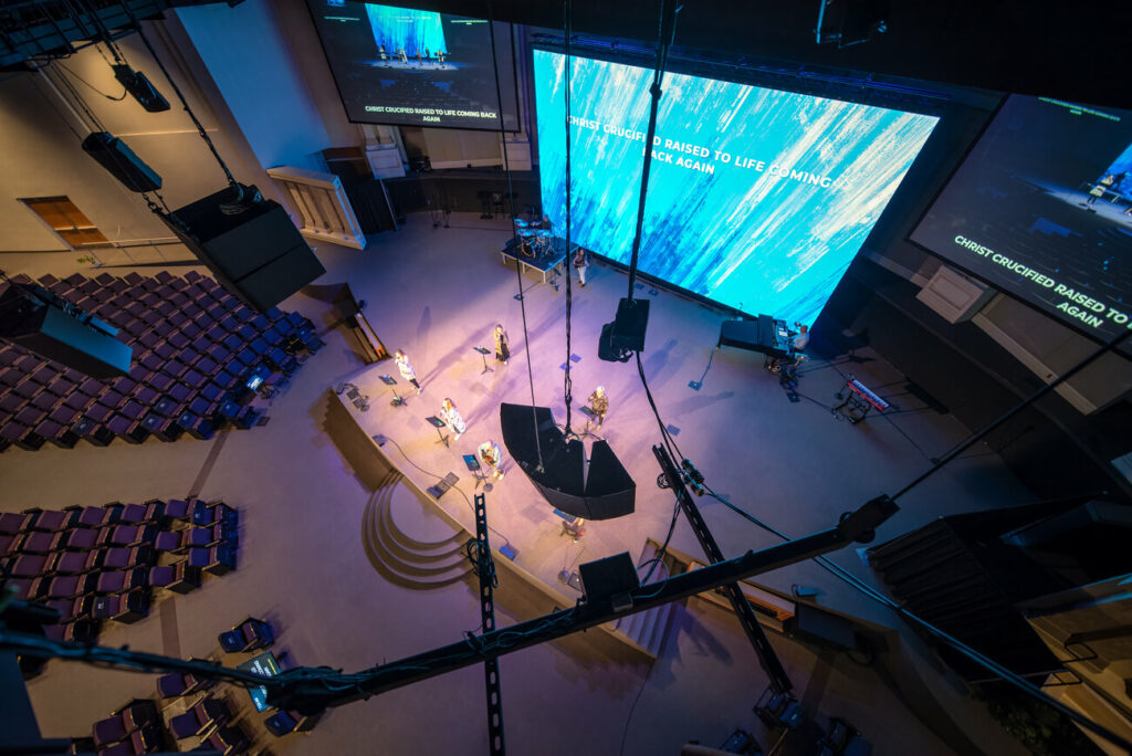 Overhead view of the d&b Soundscape audio system and stage at Calvary Church Clearwater