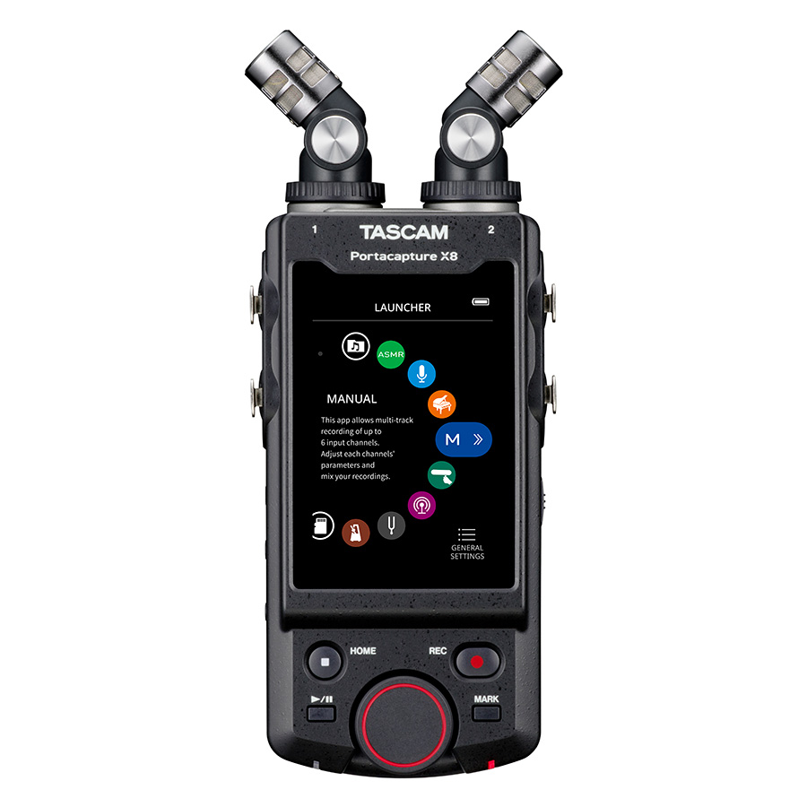 Portacapture X8 with AB stereo mic setup and app launcher screen