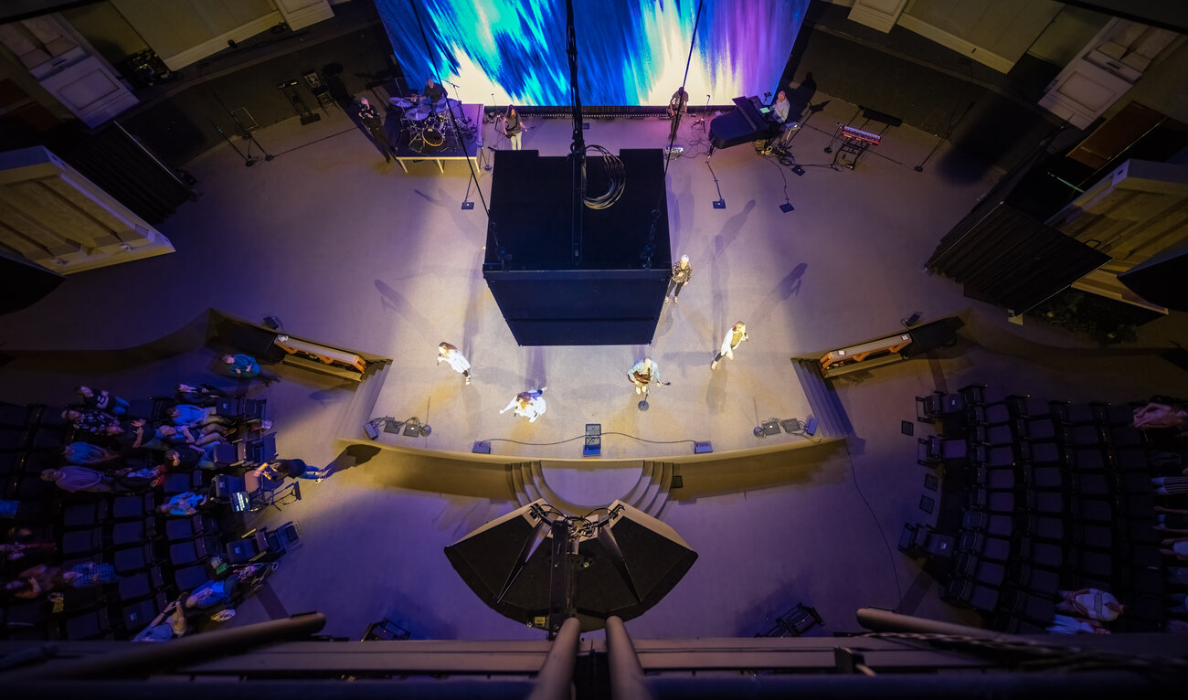 Top down view of the audio system over Calvary Church's stage