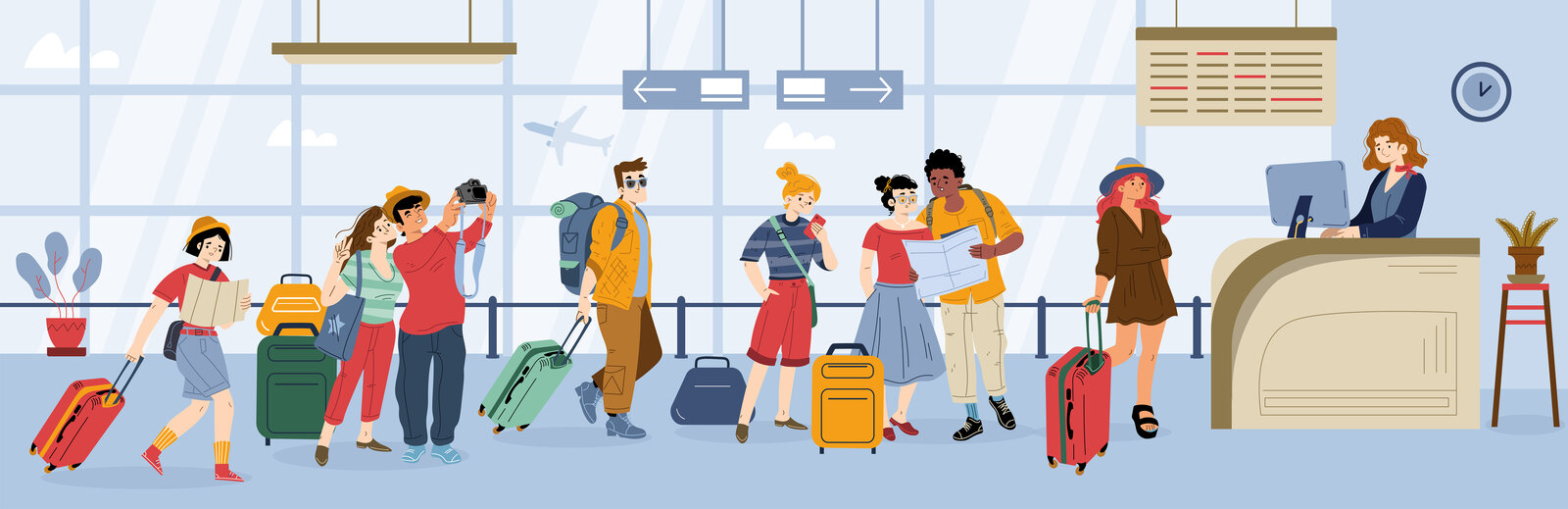 Illustration of travelers waiting in line at an airport gate