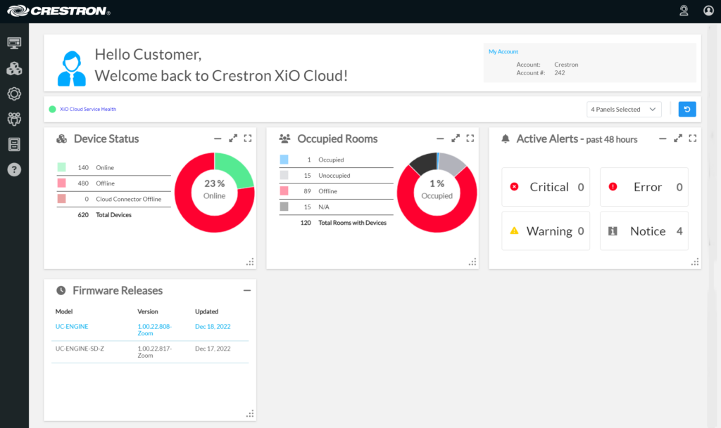 An example of the Crestron XiO Cloud dashboard for managing devices remotely.