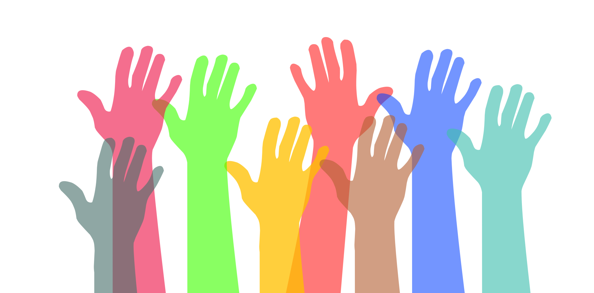 A group of colorful hands being raised.