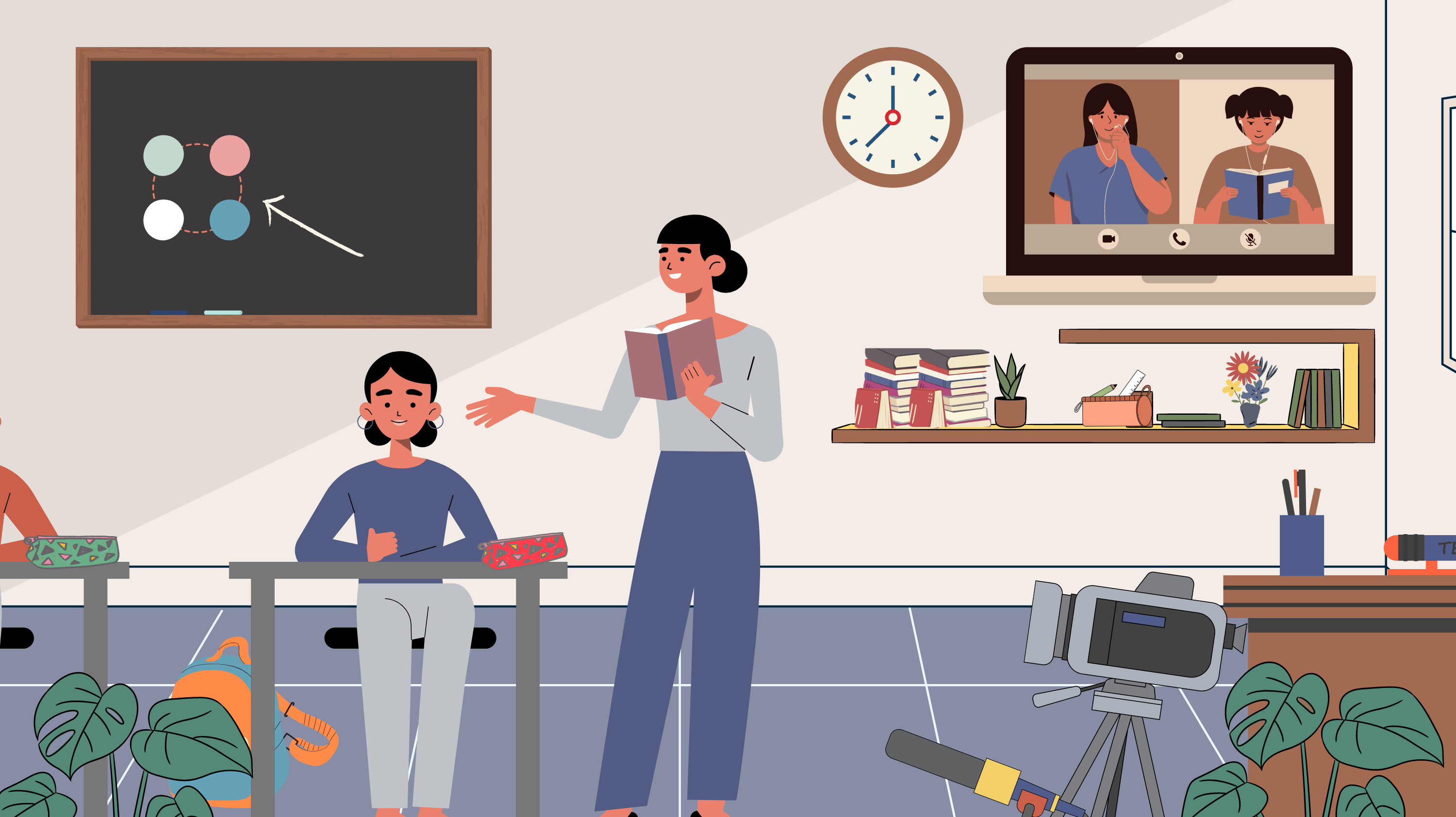 Illustration of a classroom depicting video conferencing technologies for remote or hybrid learning.