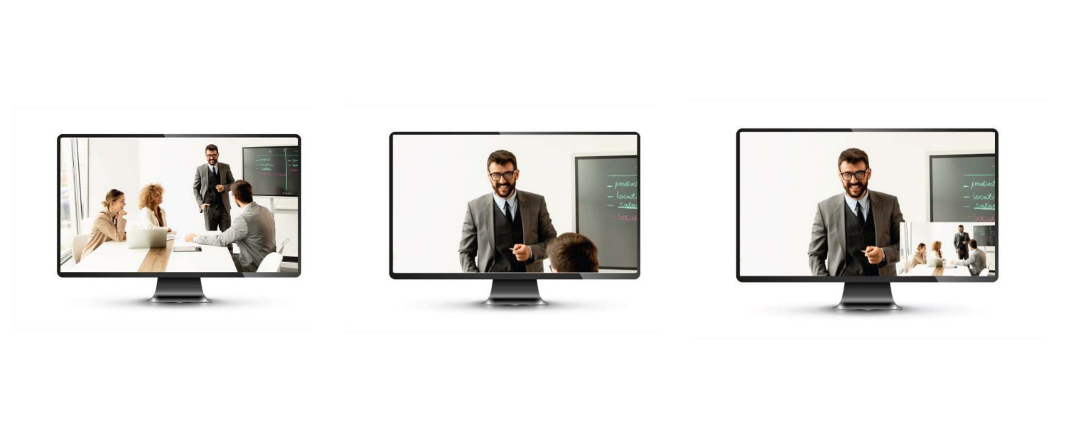 Three images, side-by-side, showing Crestron's intelligent video tracking during a video call.