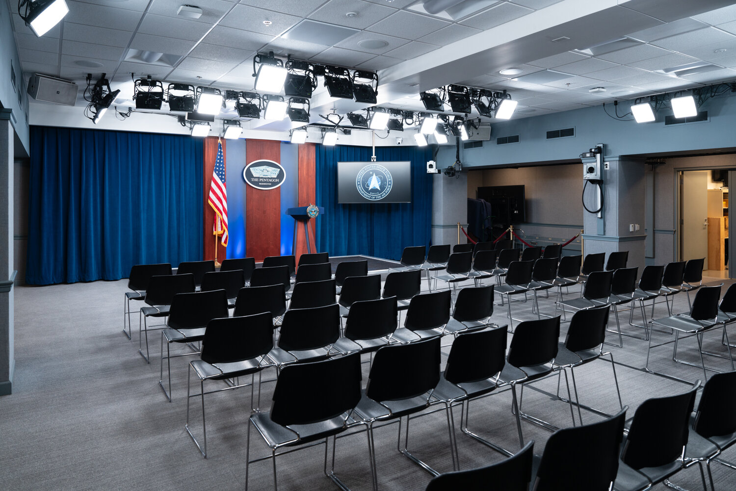 Press reporter seating section at the Pentagon Briefing Room.