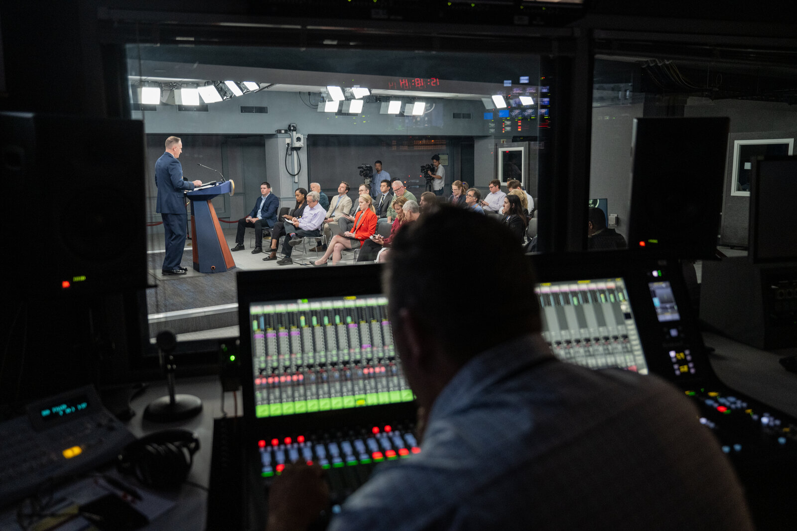 DoD Briefing Room Chief Thomas Masten monitors as Pentagon Press Secretary Air Force Brig. Gen. Pat Ryder address members of the press during a press conference at the Pentagon, Washington, D.C., June 8, 2023. 